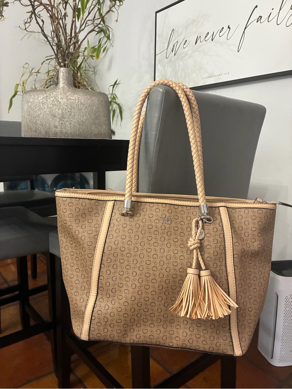 GUESS Tan Monogram Tote with Braided Handles and Tassel